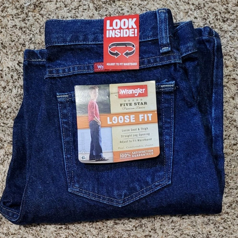 NWT   Boy's 16 R Wrangler Jeans Straight Leg Adjust. Waist Dark Blue Denim Jean